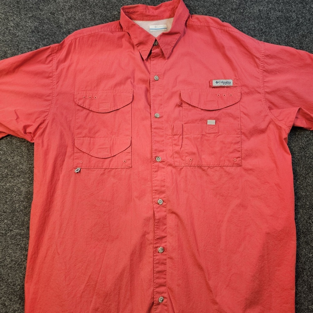 Columbia PFG Fishing Shirt Mens XL Coral Short Sleeve Vented‎ Button Up Outdoor
